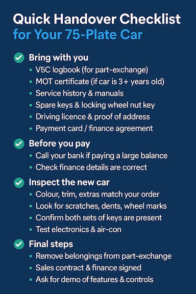 75-plate new car handover checklist – documents, payment, inspection, insurance cover (GAP, tyre, alloy, scratch & dent).