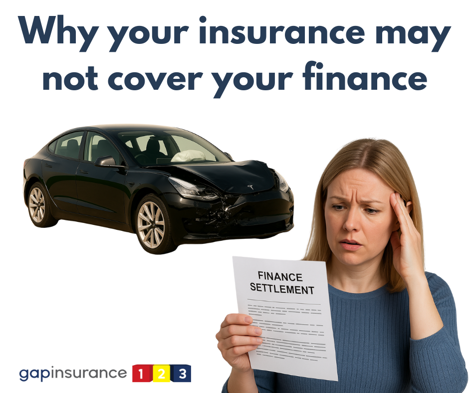 A worried woman in her 30s reading a car finance settlement letter, looking confused and anxious after her car was written off and insurance payout fell short